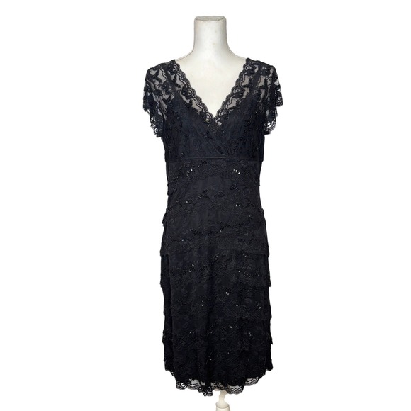 MARINA Dresses & Skirts - Marina Lace Sheath Dress Women 12 Black Sequin Beaded Tiered Cocktail V-Neck